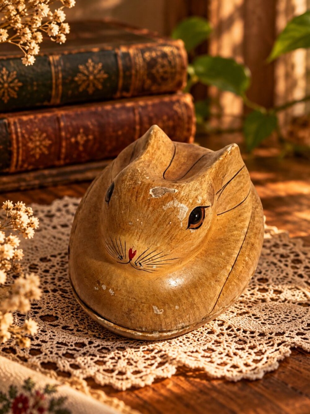 Vintage Rabbit Bunny Trinket Box – Hand Painted Folk Art Keepsake Container